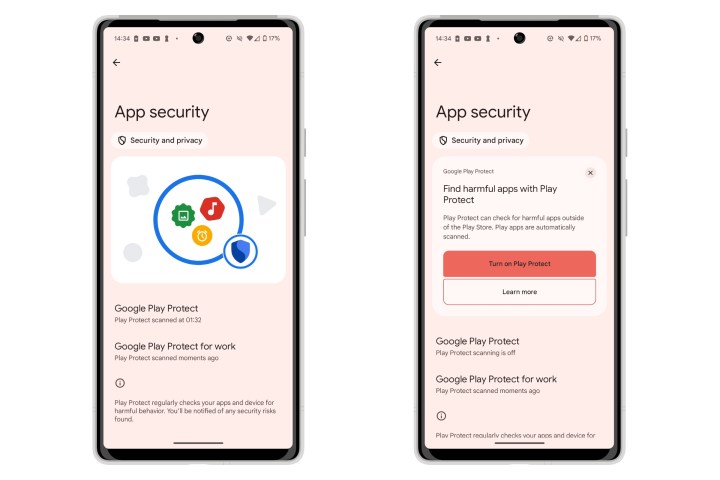 دو تلفن Pixel که تنظیمات امنیتی برنامه را برای Play Protect نشان می‌دهند.