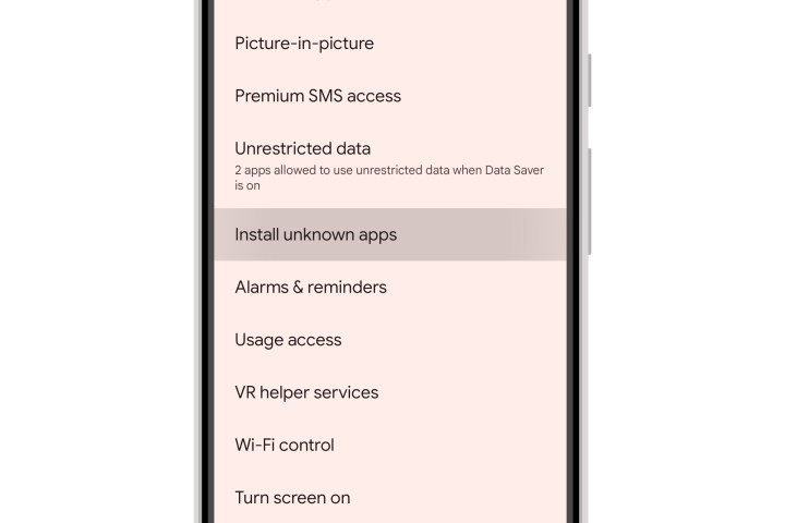 تنظیمات برنامه‌های Android 14 نشان می‌دهد که مورد منوی نصب برنامه‌های ناشناخته برجسته شده است.