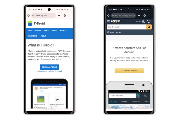 دو تلفن پیکسل که صفحات اصلی F-Droid و فروشگاه App Amazon را نشان می دهند. 